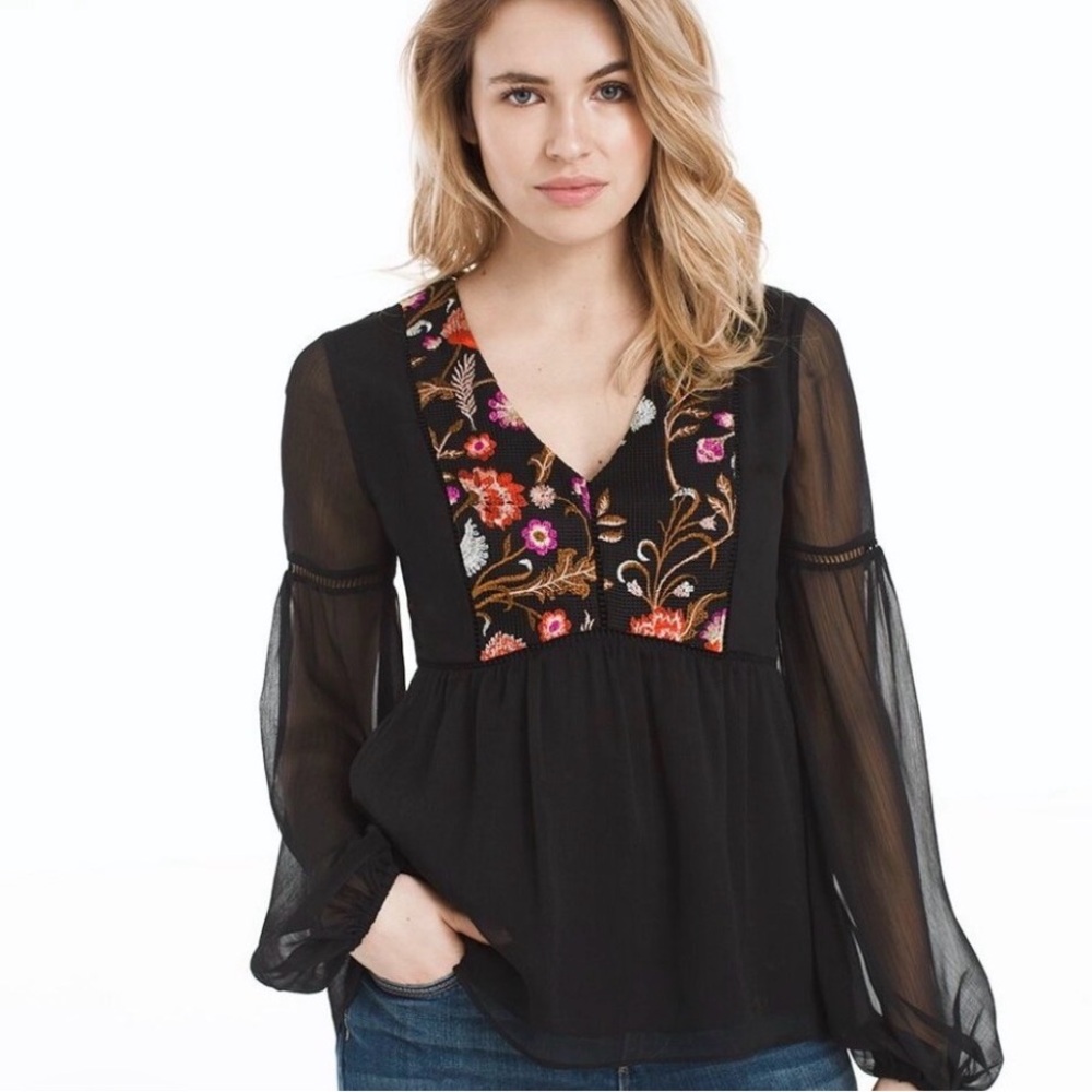 White House Black Market Black Floral Embroidered Blouse